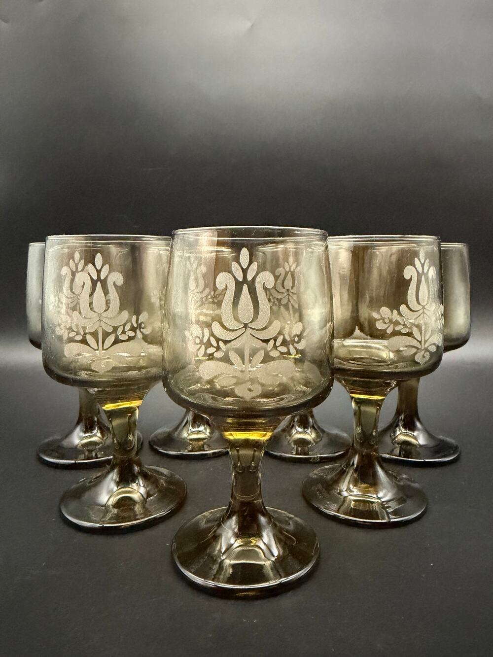 Vintage Pfaltzgraff Village Smokey Etched Wine Glass Stemmed Goblets Set of 7